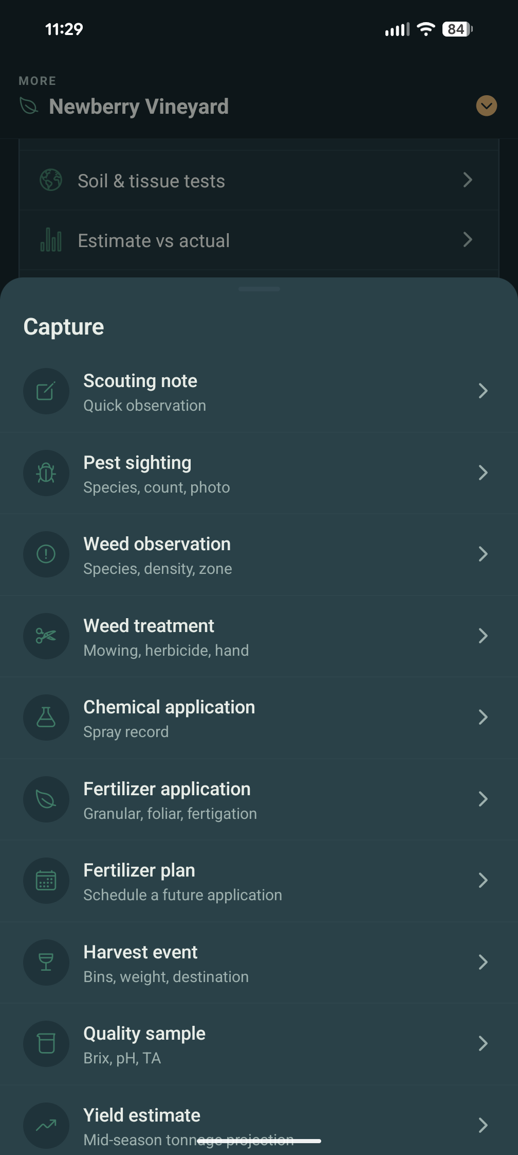 Vinifera capture sheet showing inventory receipt, scout note, harvest event, and other field captures