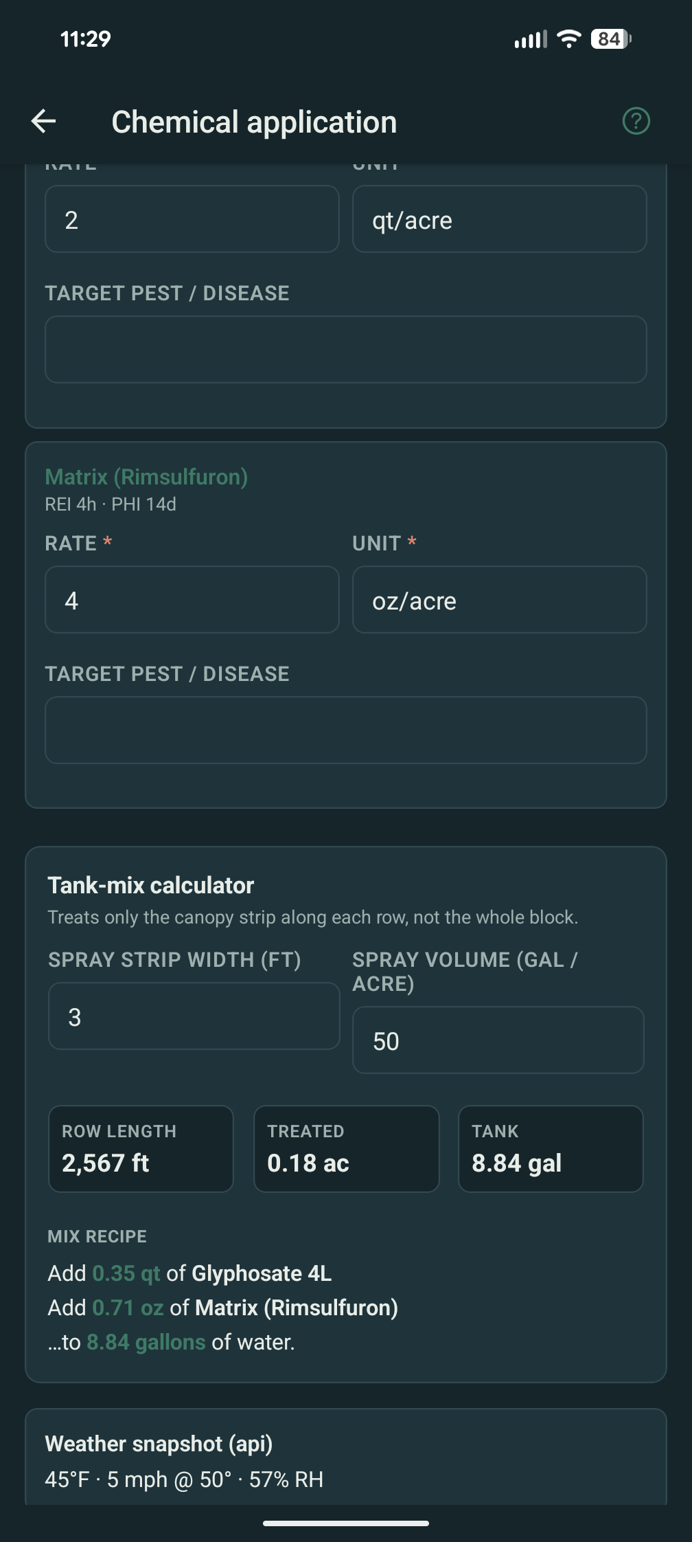 Chemical application screen with rate, unit, target pest, REI / PHI, tank-mix calculator, and weather snapshot