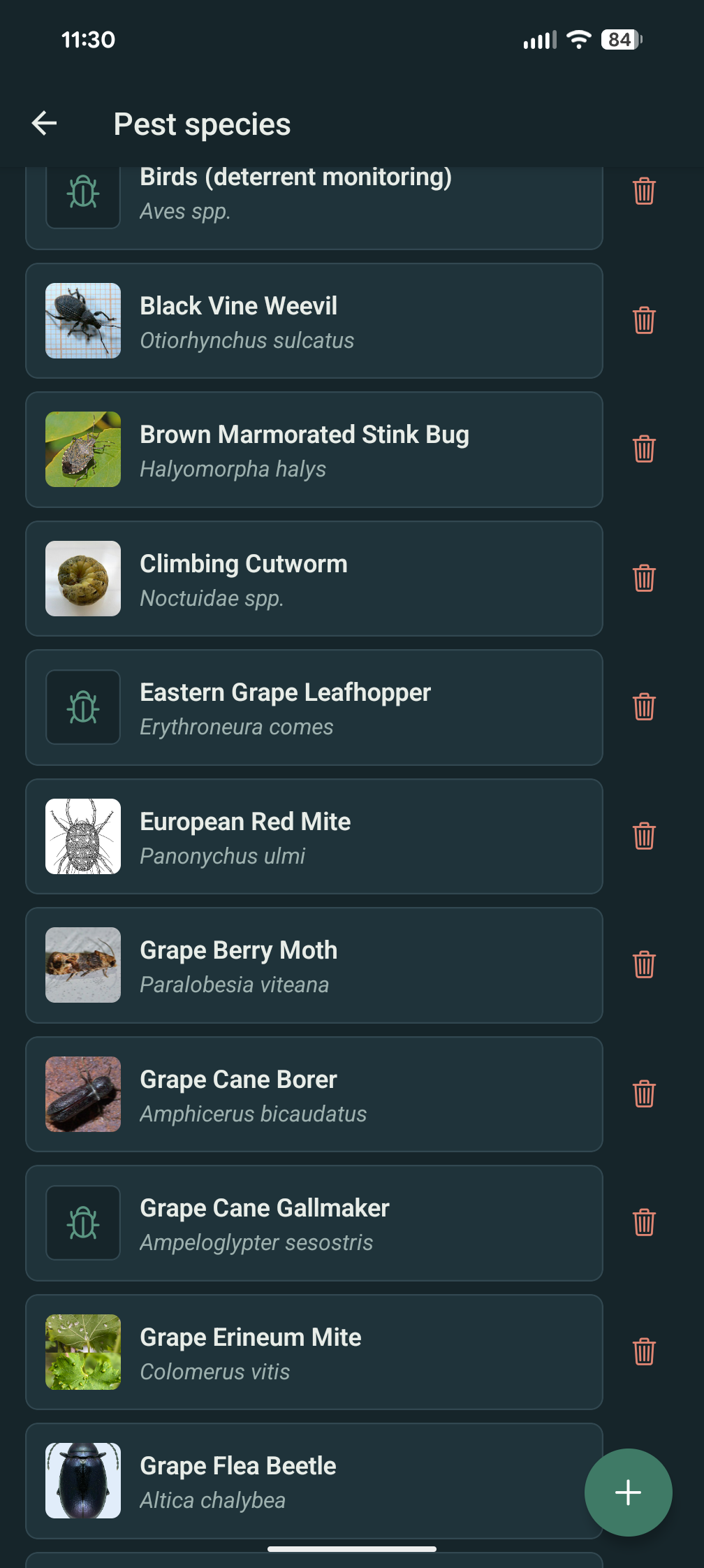 Pest species catalog listing common and scientific names